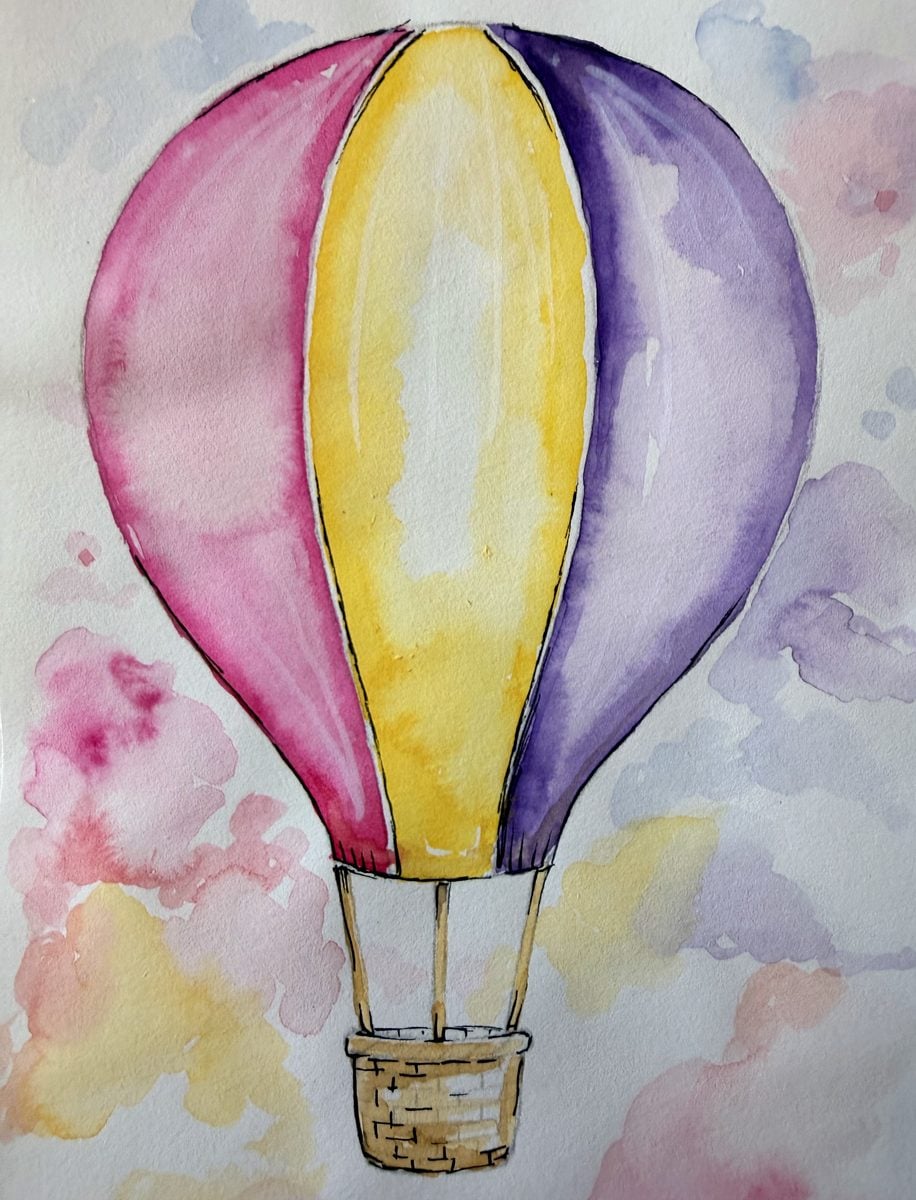 Original watercolour hot air balloon painting by Dee of Artsydee