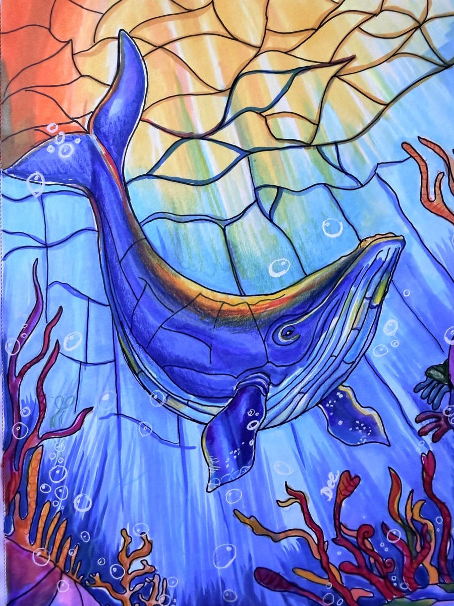Stained-glass style whale drawing in ink and marker by Dee of Artsydee