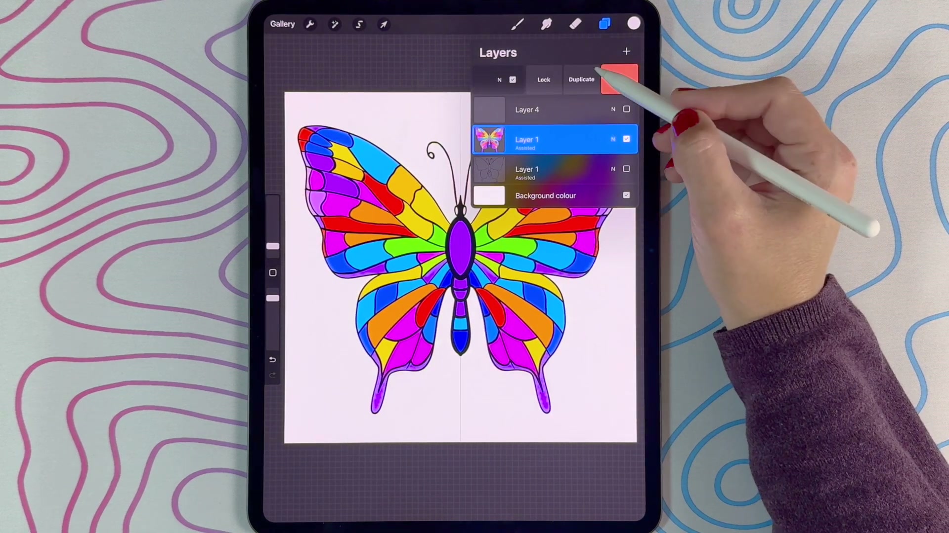 Procreate app on iPad showing the stained-glass butterfly in progress with the layers panel, by Dee of Artsydee