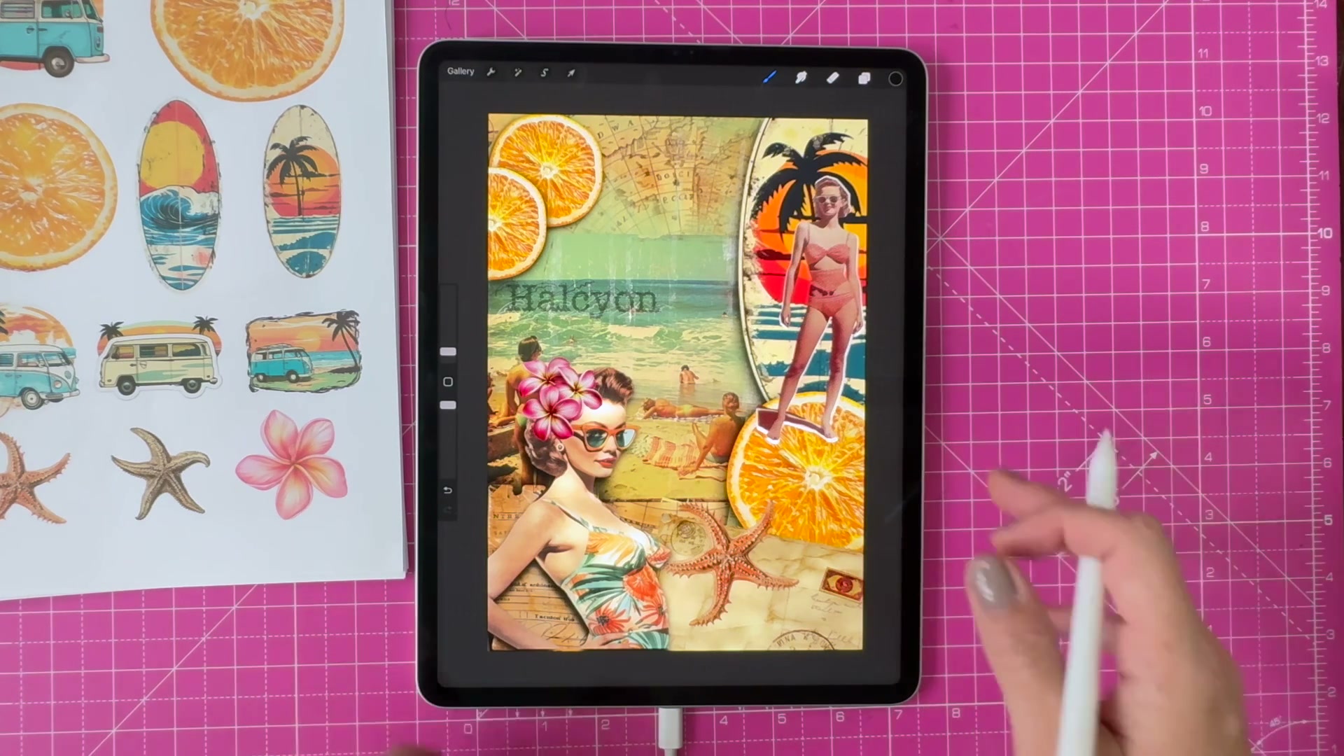 Halcyon vintage summer collage of retro beach imagery made in Procreate by Dee of Artsydee