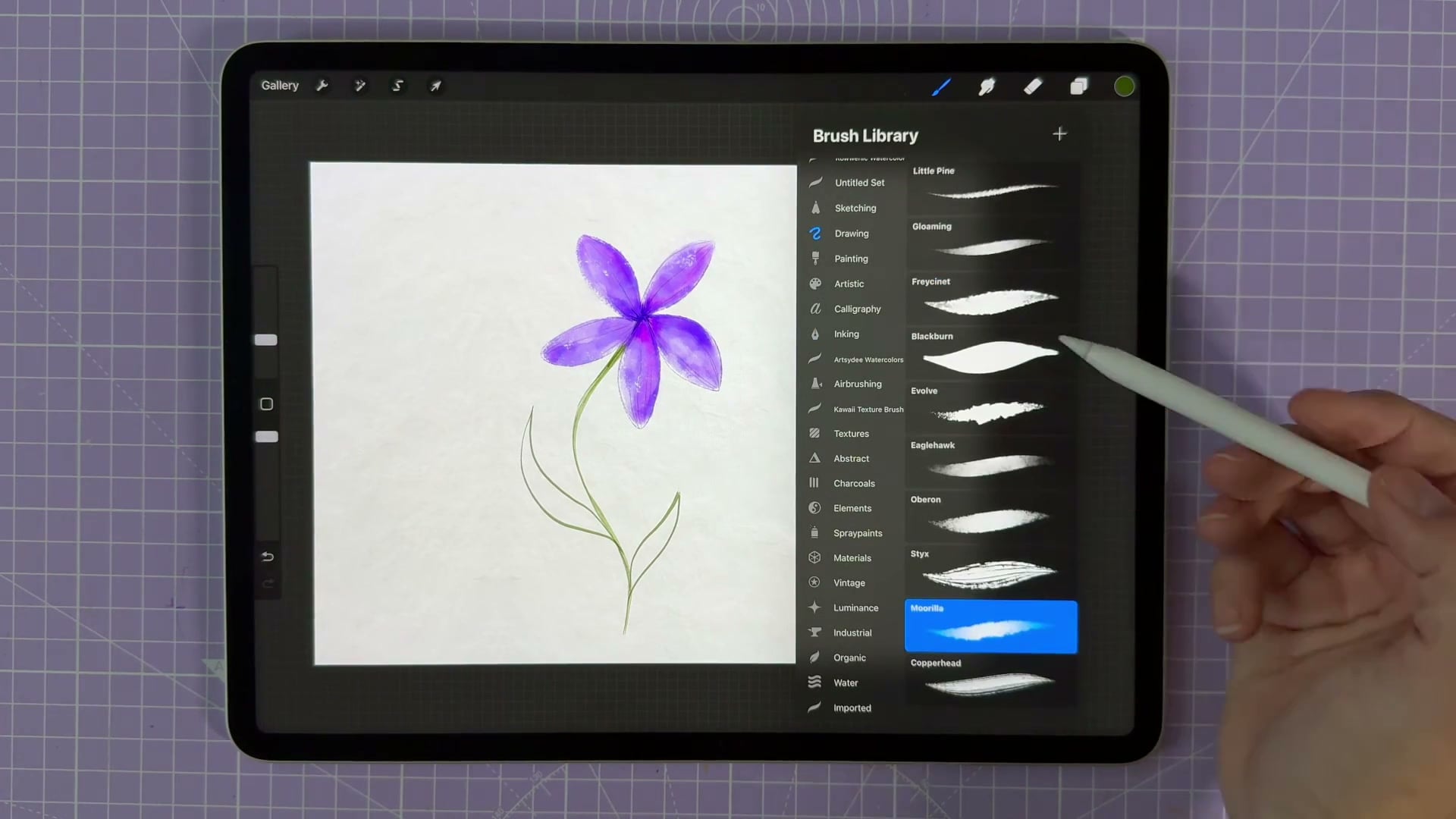 Procreate Brush Library on iPad with the Artsydee Watercolors brush set open, by Dee of Artsydee