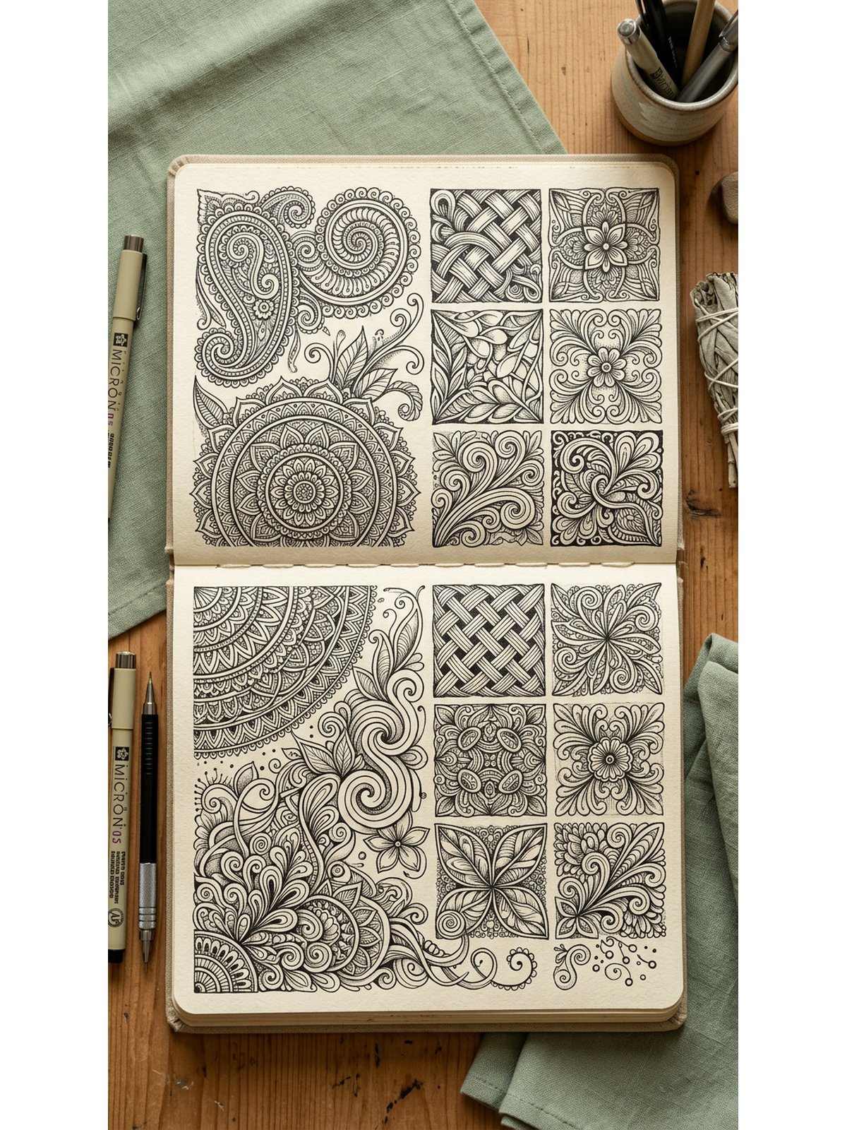Sketchbook of easy tangle patterns drawn with fineliner pens