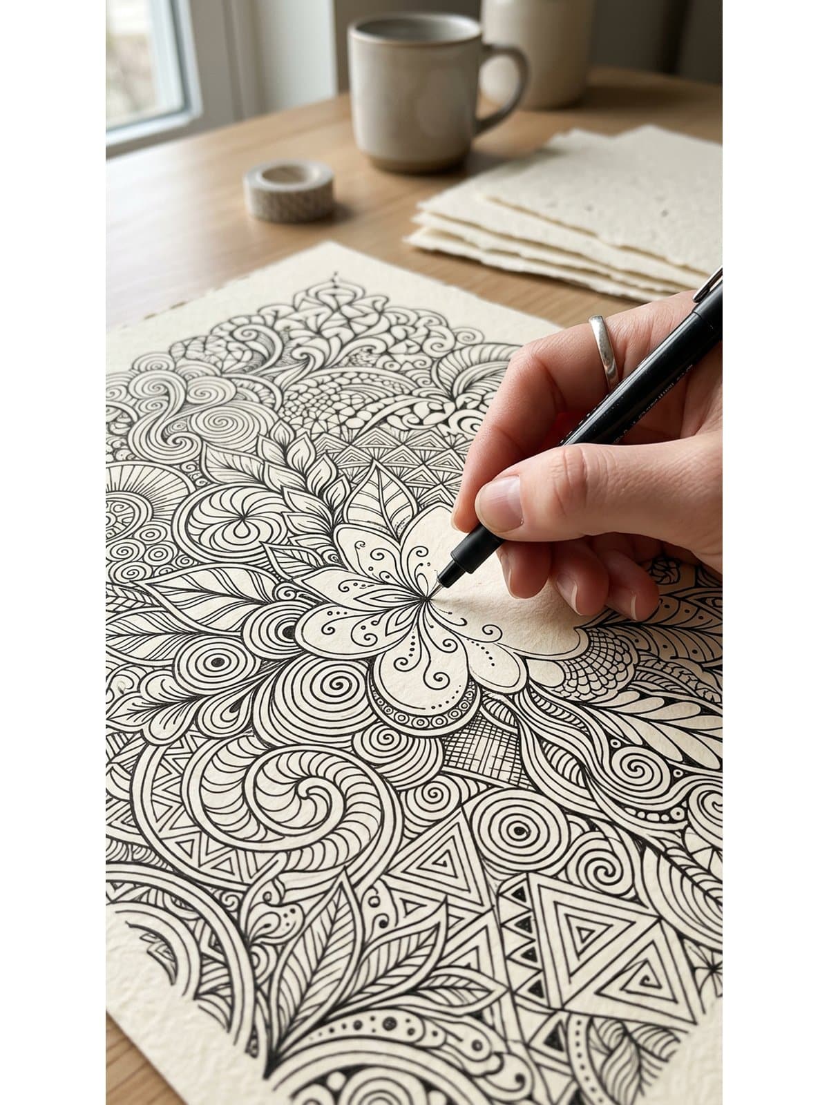 Hand drawing a beginner tangle pattern step by step on textured paper