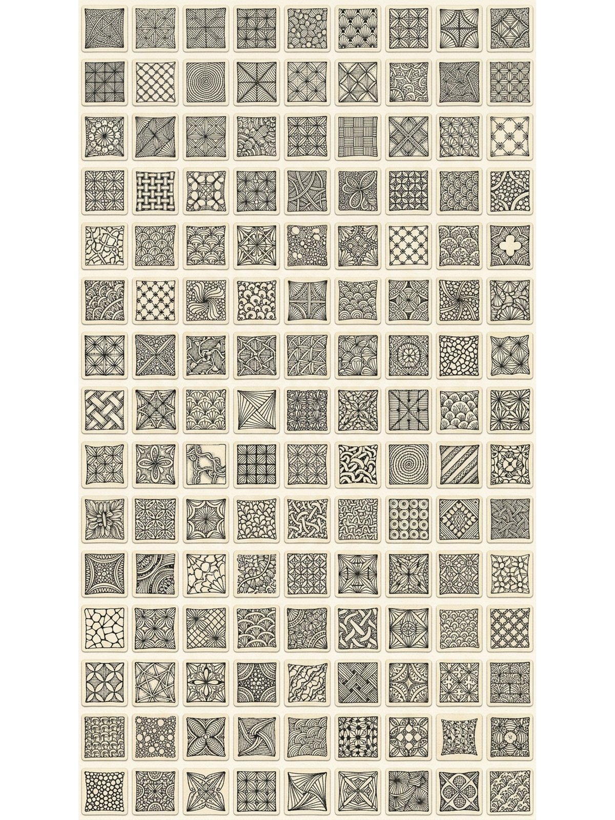 Grid of many easy tangle pattern tiles for beginners to try