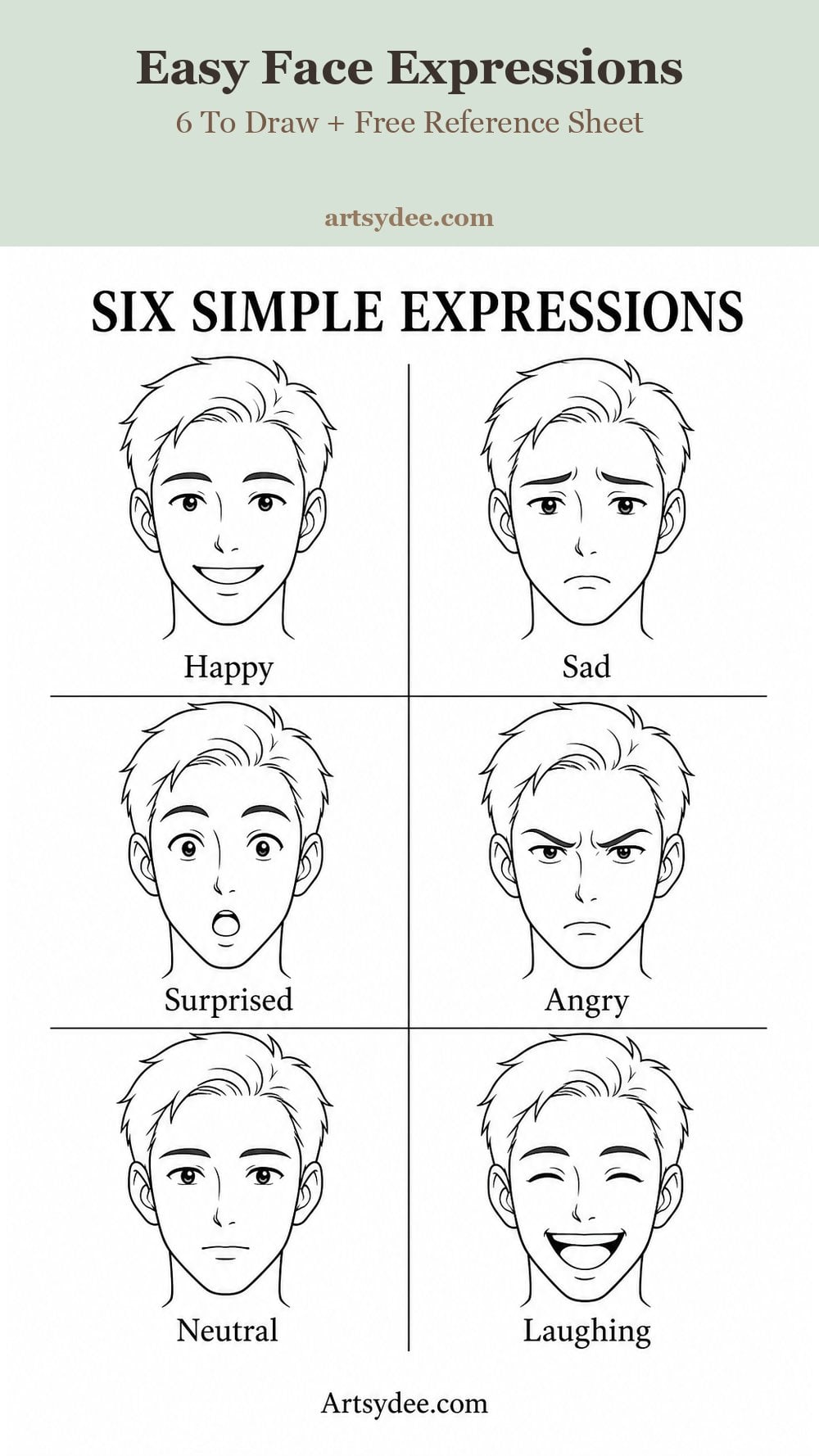 Easy face expressions to draw from the free reference sheet