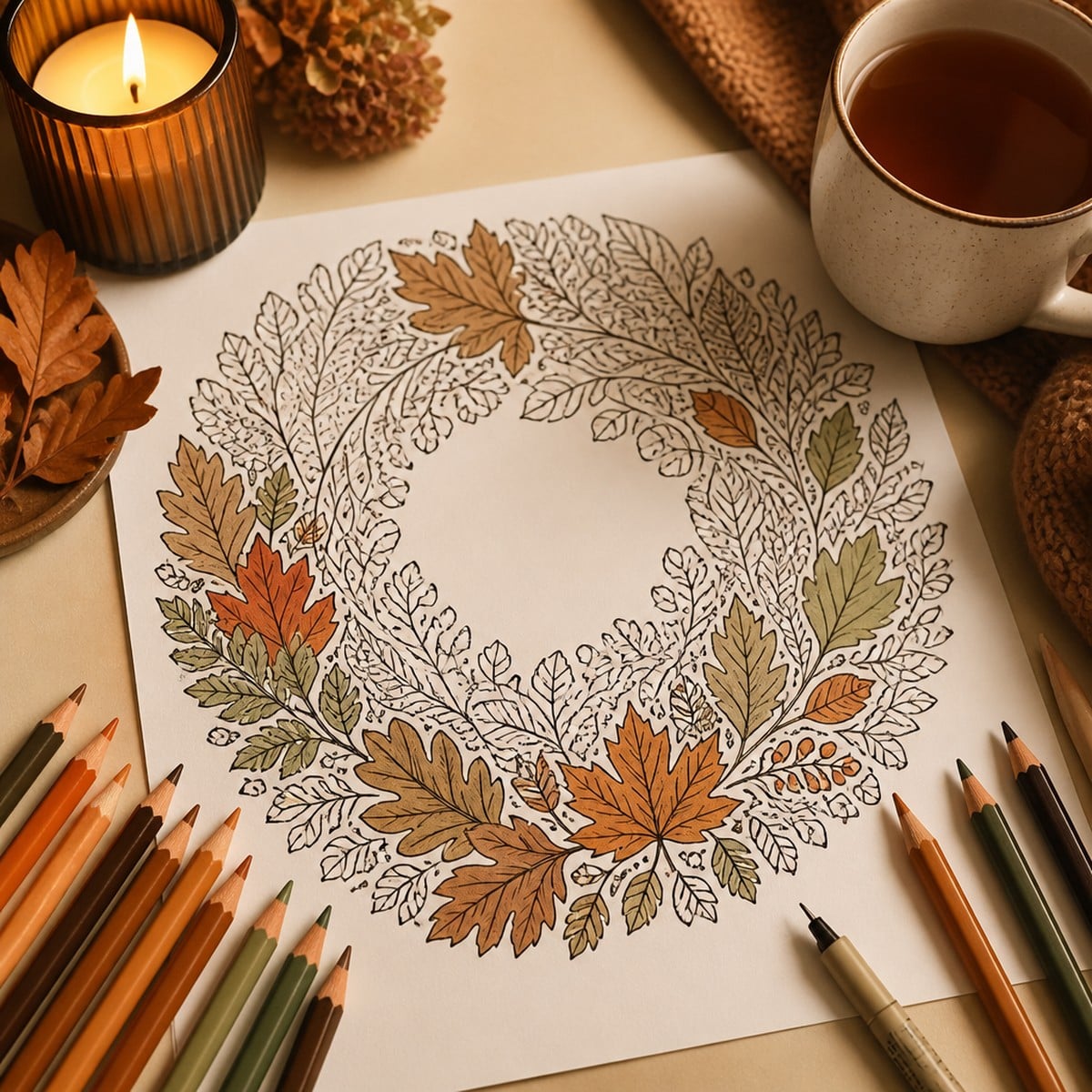 An intricate fall coloring page of a detailed autumn leaf wreath half-coloured in caramel and russet, with coloured pencils and a mug of tea on a cream desk