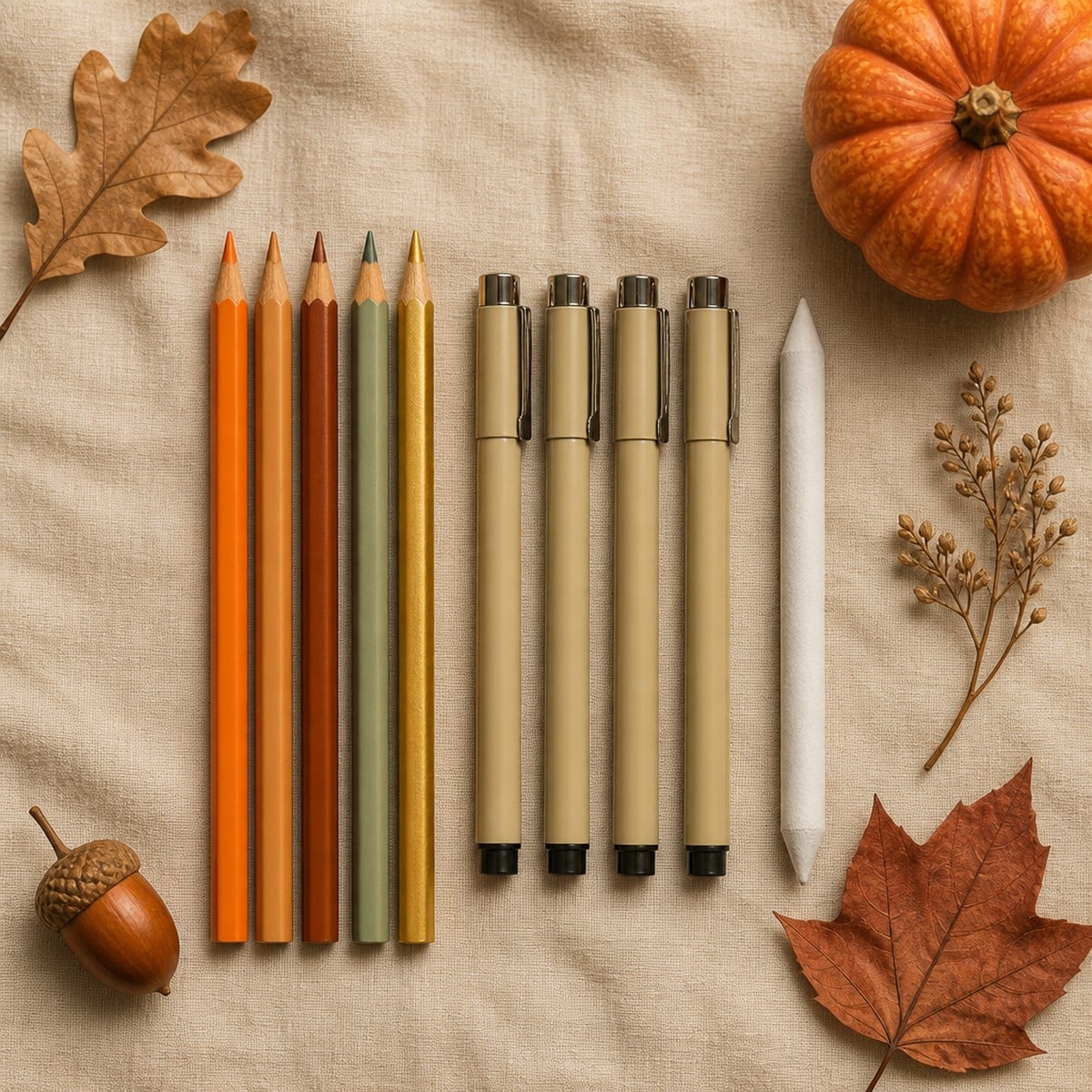 A flat-lay of coloring supplies for detailed work — coloured pencils in autumn shades, fineliner pens and a blending stump on a cream linen surface