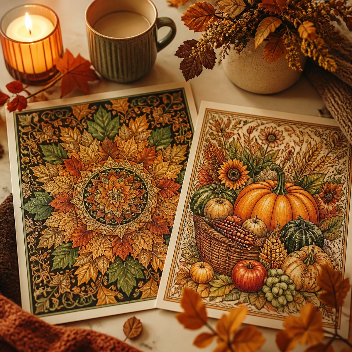 Two finished intricate fall coloring pages — an autumn leaf mandala and a harvest still life — richly coloured and styled on a cream desk with a candle and foliage