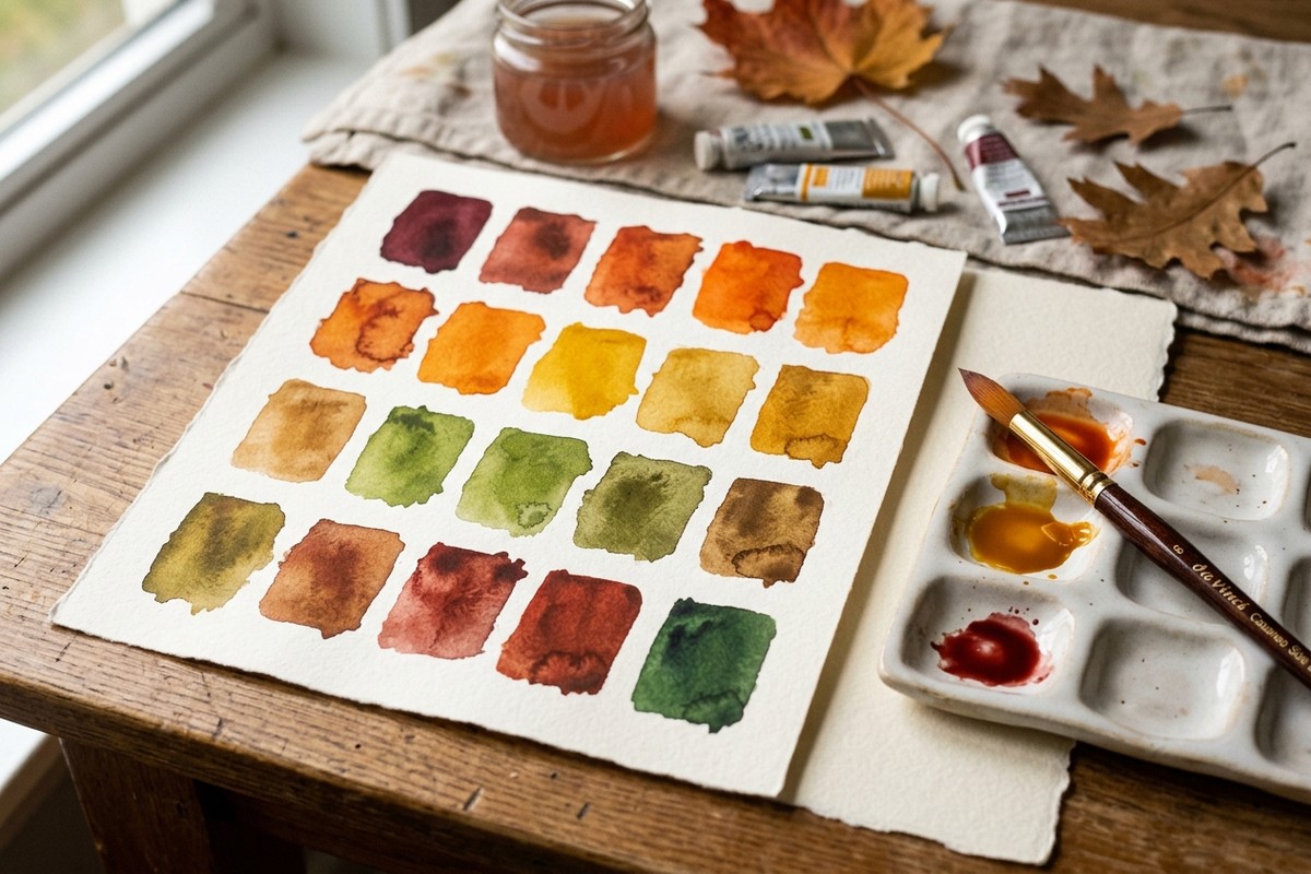 Warm autumn watercolour colour palette swatches on cream paper