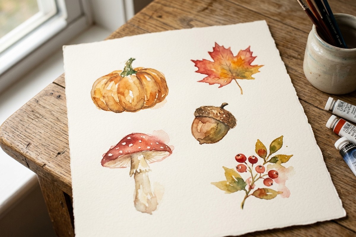Loose beginner watercolour studies of a pumpkin, leaf, acorn and mushroom