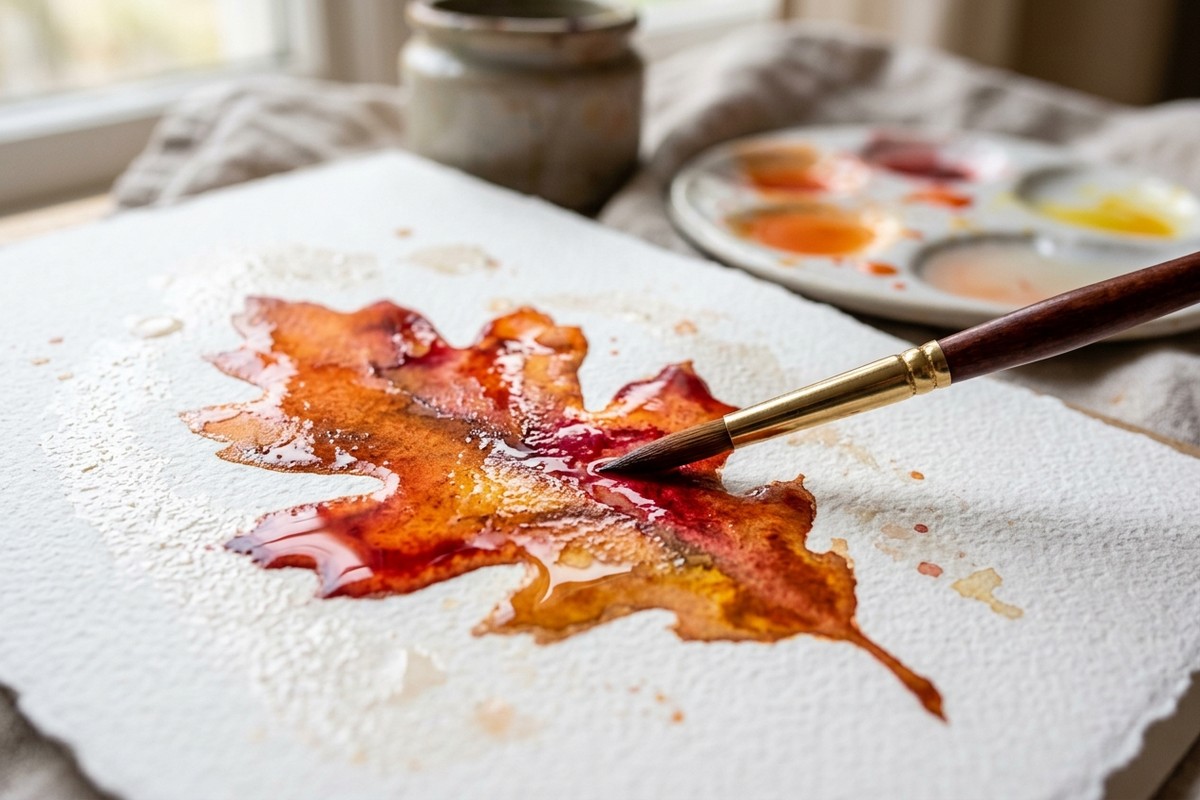 Wet-on-wet loose watercolour autumn leaf technique on textured paper