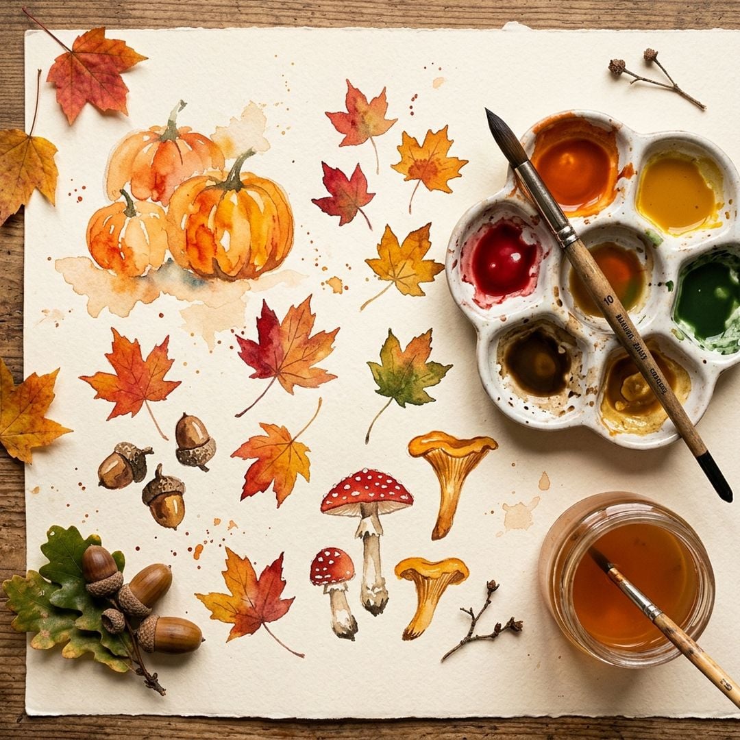 Cosy autumn watercolour flat lay with painted pumpkins, leaves and an autumn paint palette