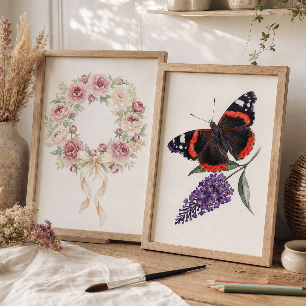 Framed watercolour wall-art prints from Vault templates