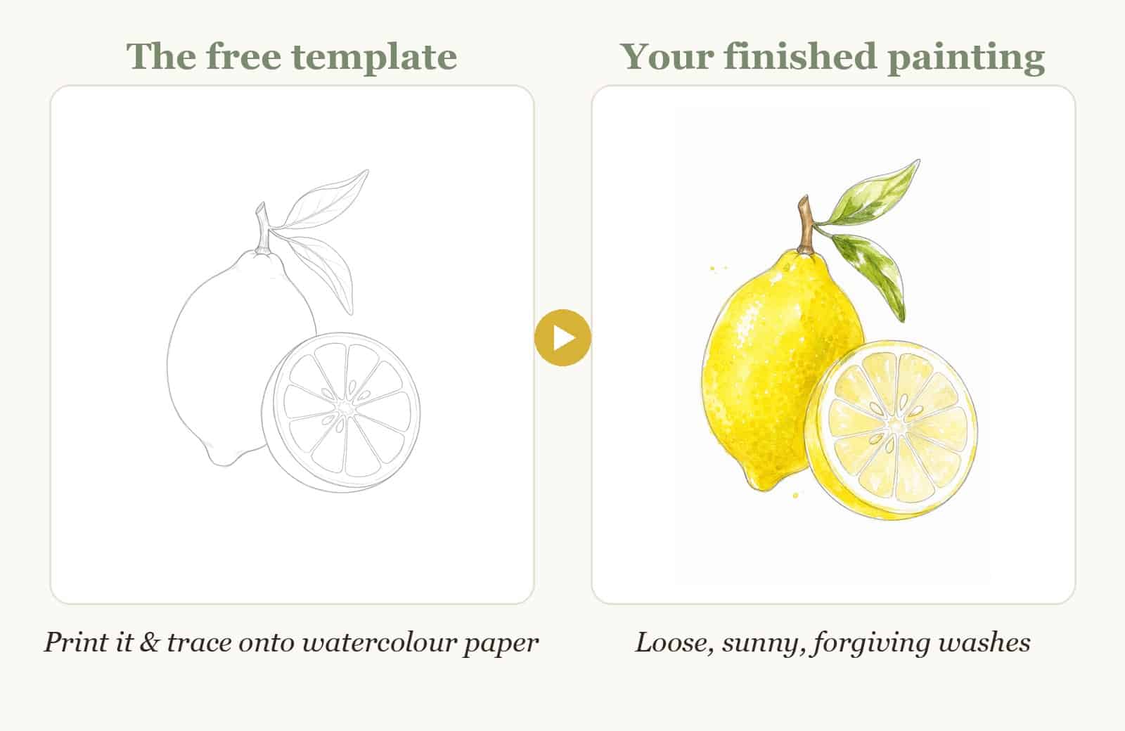 Free lemon watercolor template lineart next to the finished loose watercolour lemon painting