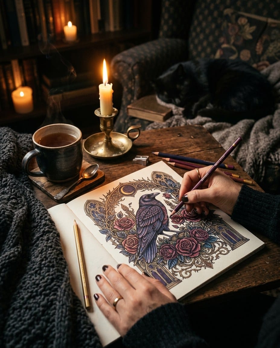Hands colouring an intricate gothic raven coloring page by candlelight with deep plum and gold pencils, a mug of tea and dark blanket nearby