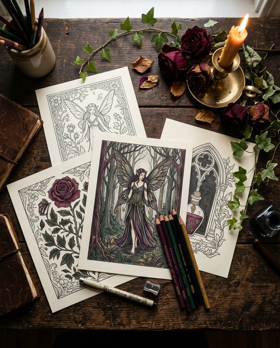 Several gothic adult coloring pages partly coloured in a dark academia palette of aubergine, forest green, charcoal and antique gold on a dark wooden table