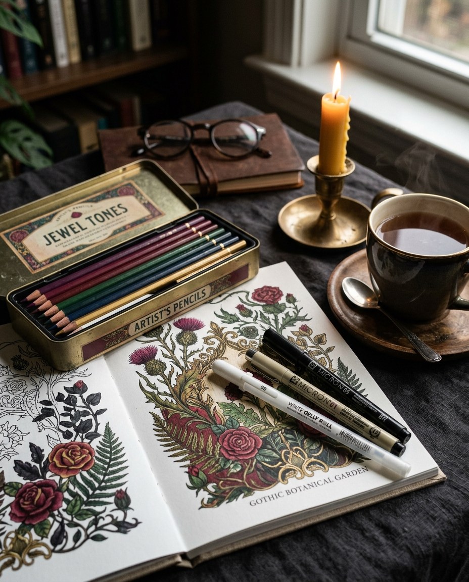 A tin of jewel-toned coloured pencils in plum, burgundy, forest green and gold beside black fineliners and a white gel pen and a partly coloured gothic coloring page