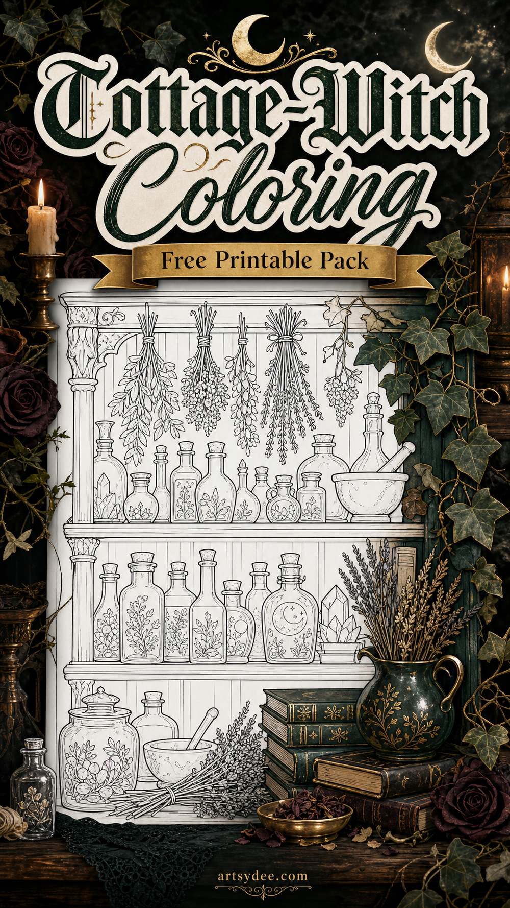 Gothic coloring pages for adults free printable pack pin — cottage witch and dark academia