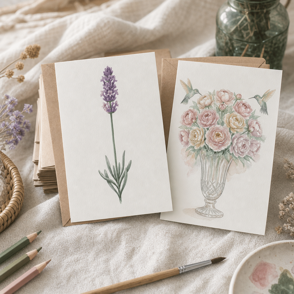 Greeting cards made from Vault watercolour art