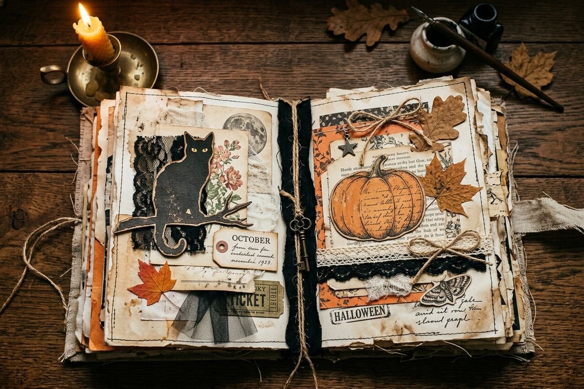 Junk journal spread decorated with vintage Halloween ephemera