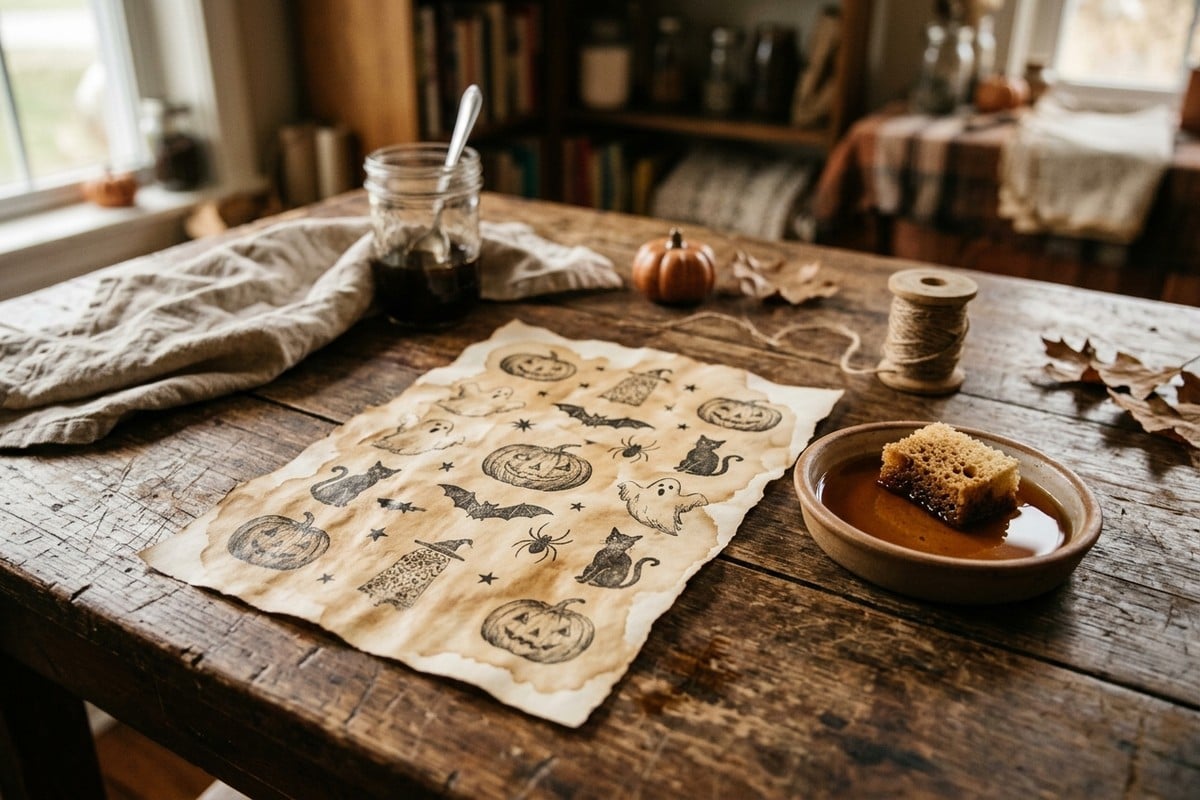 Aging printable Halloween paper with tea staining for a vintage look