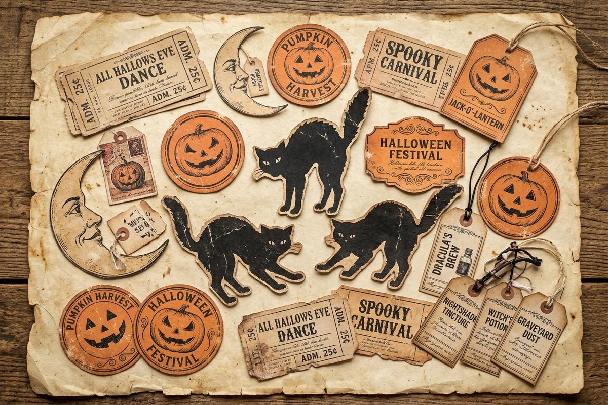 Assorted vintage Halloween ephemera pieces on aged parchment
