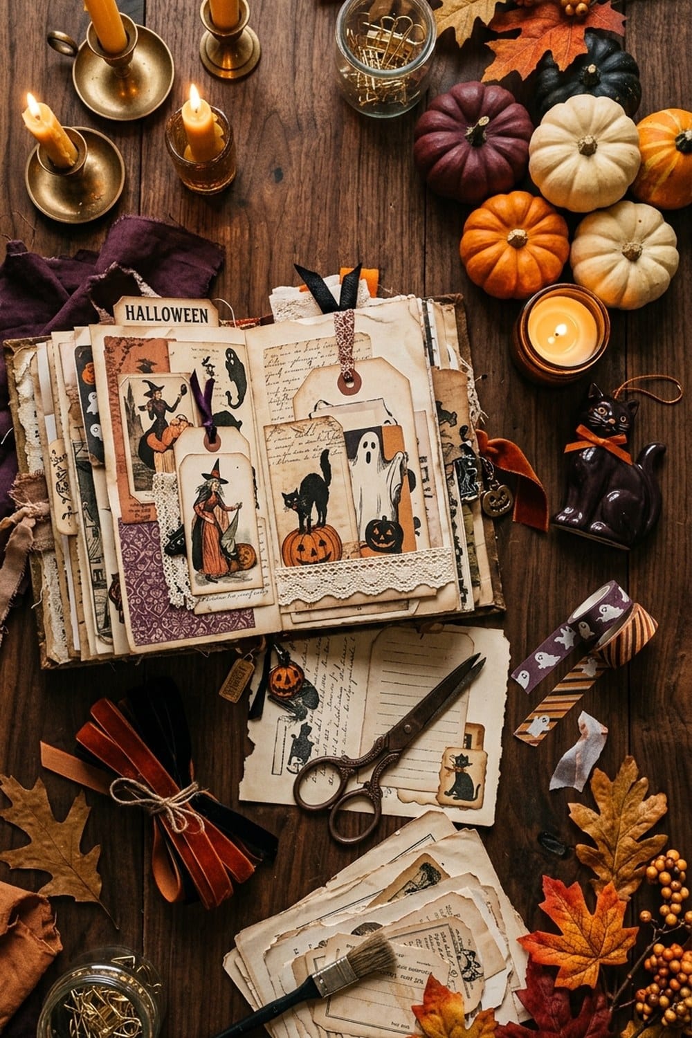 Cosy flat lay of Halloween junk journal supplies, aged papers and pumpkins