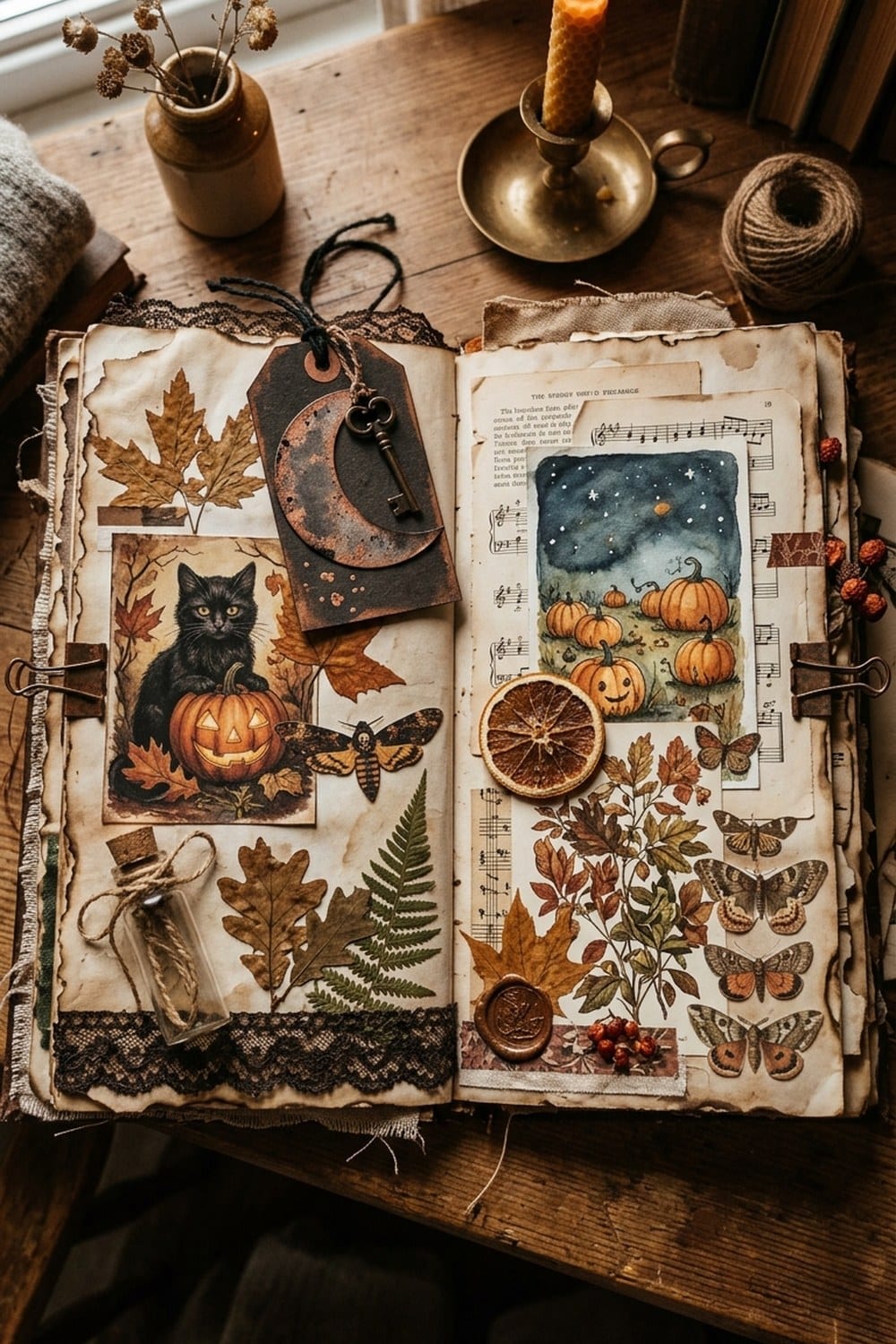 Open vintage Halloween junk journal spread on a candlelit desk