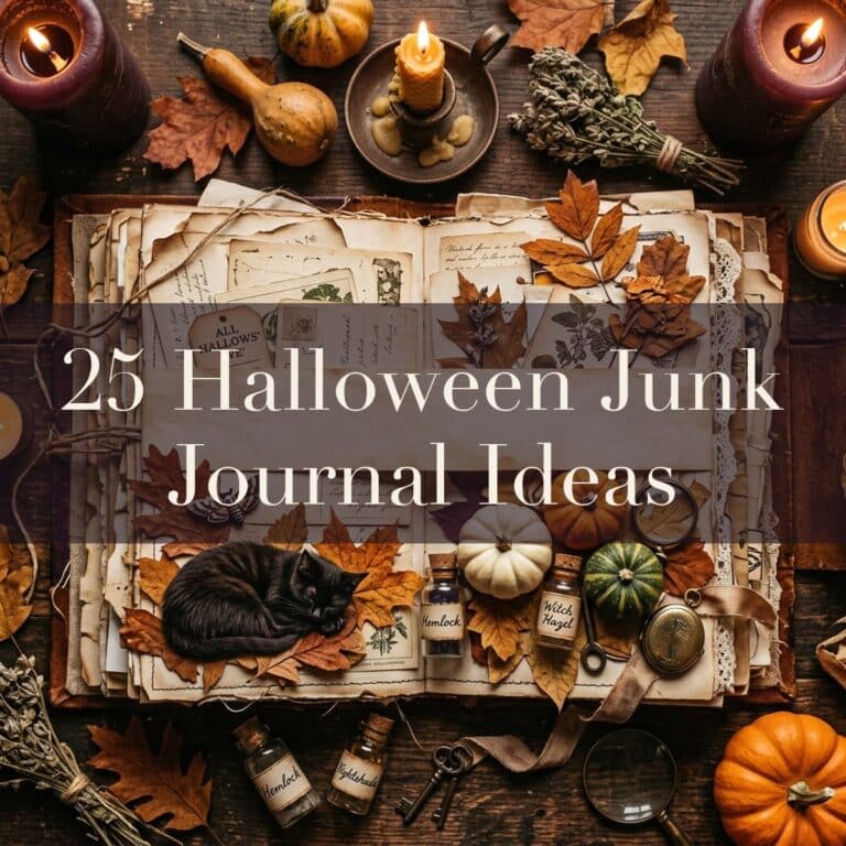 25 Halloween junk journal ideas title over a vintage Halloween journal flat lay
