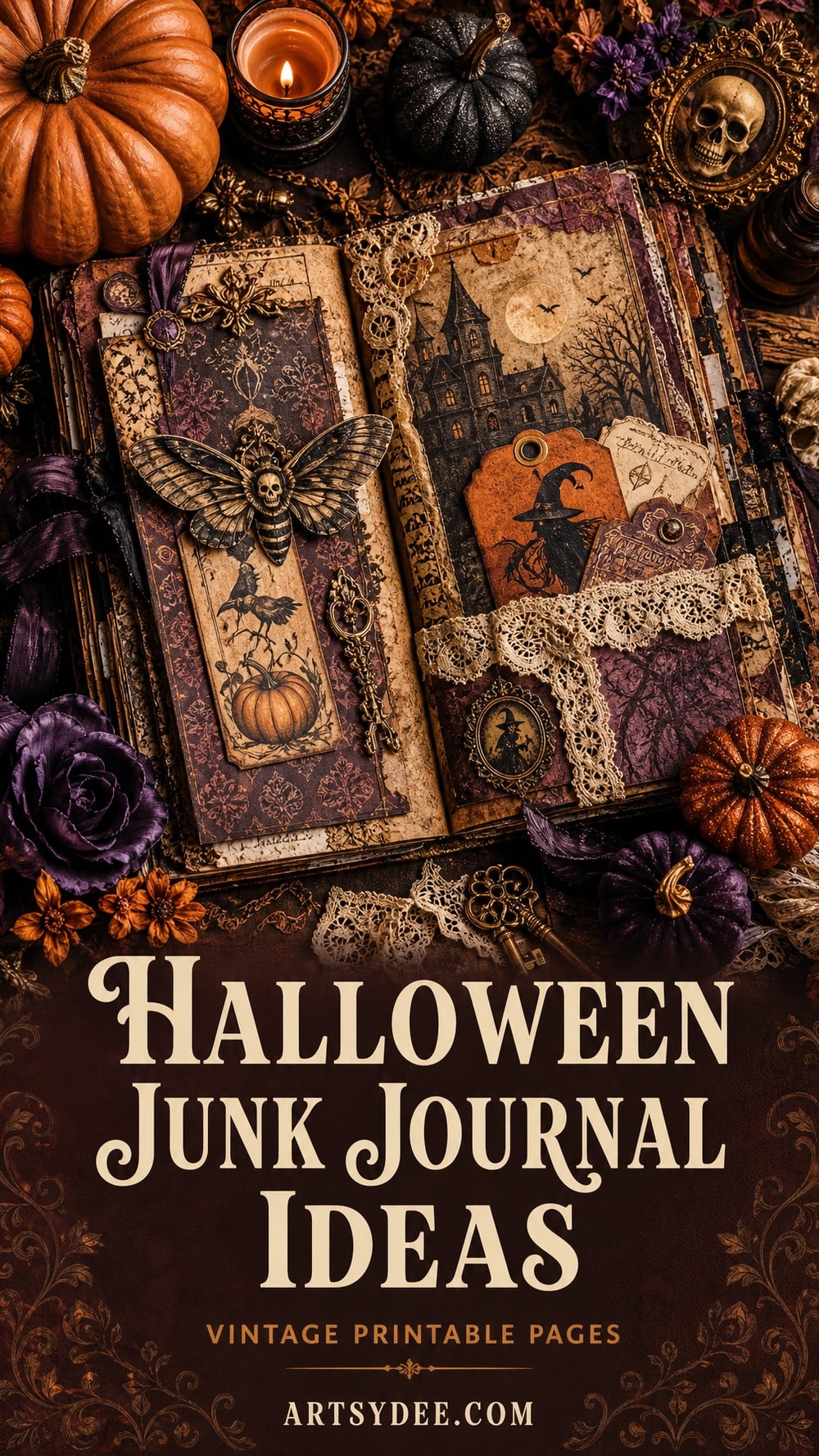 Rich vintage Halloween junk journal flat lay with pumpkins, moths and aged papers