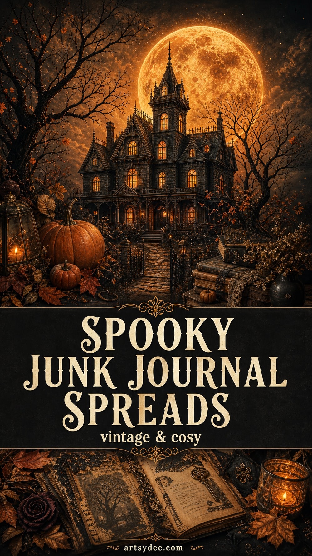 Spooky vintage haunted manor junk journal spread idea for Halloween