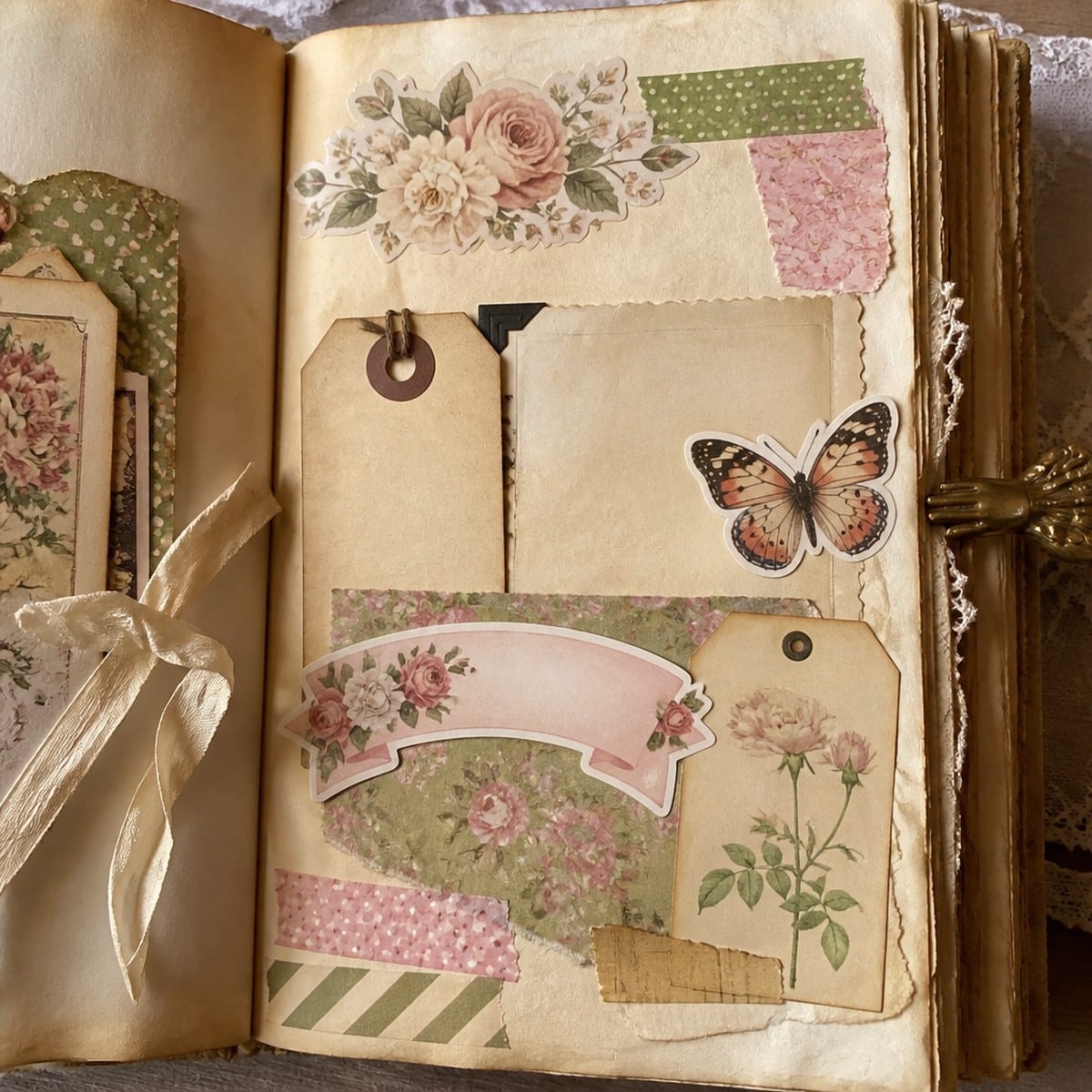 Junk journal page decorated with printable vintage stickers