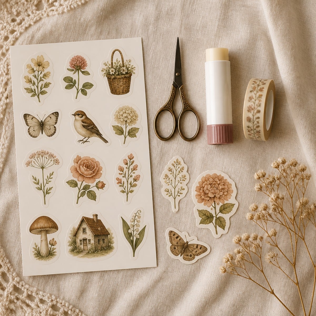 Sticker paper scissors and adhesive for printable junk journal stickers