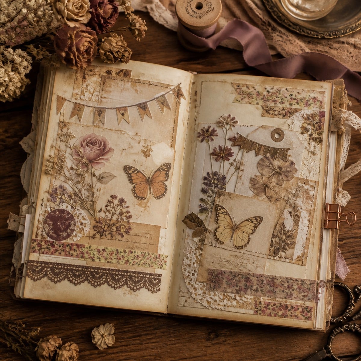 Finished junk journal spread layered with printable vintage stickers