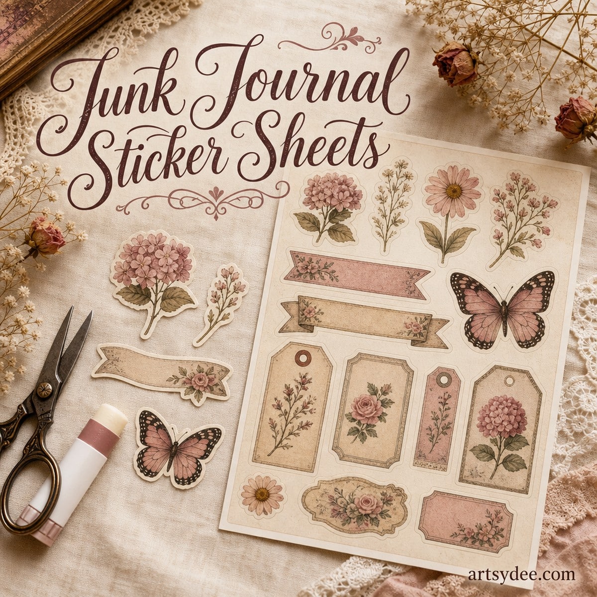 Junk journal sticker sheets free printable set