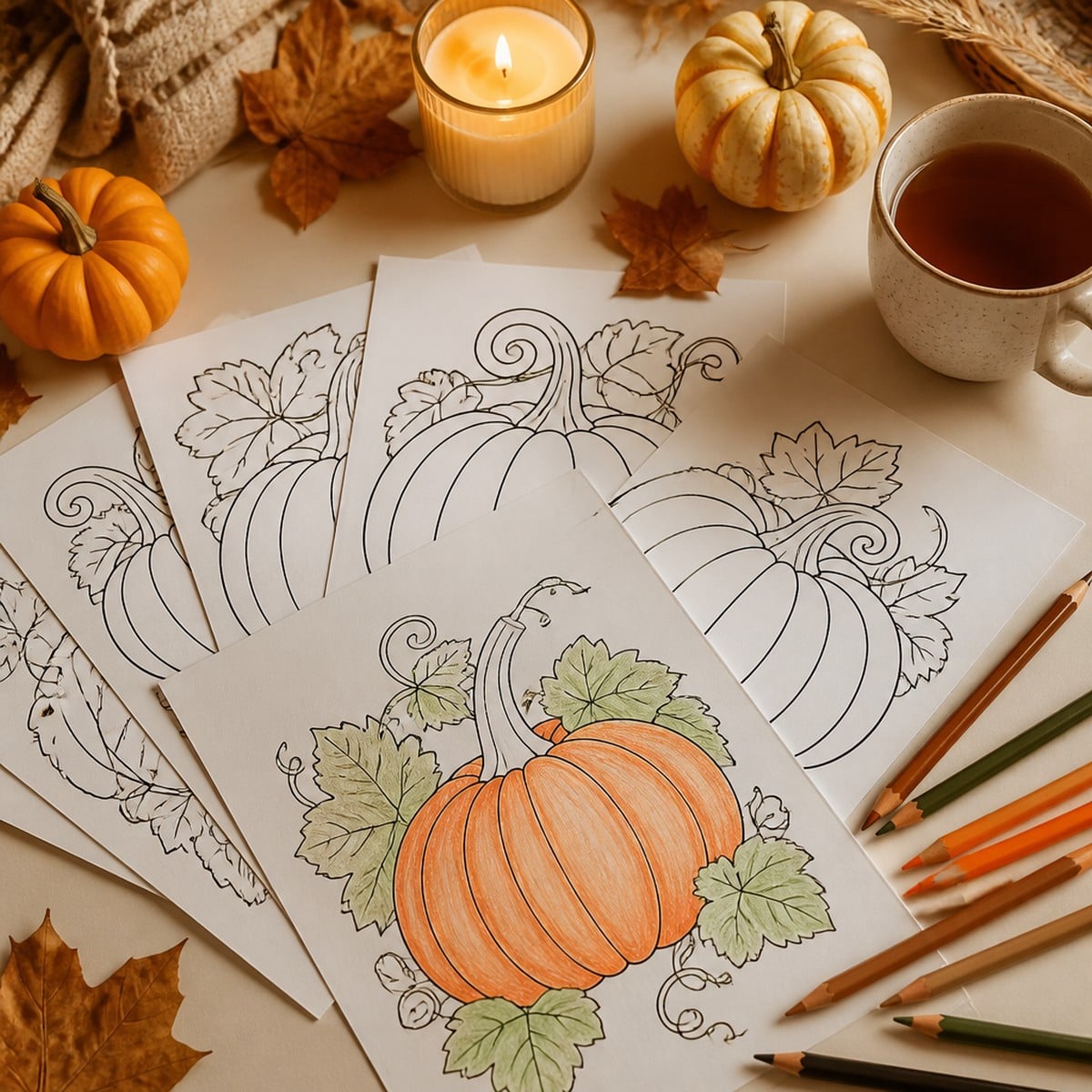 Printed pumpkin coloring pages fanned out on a cream desk with coloured pencils and a mug of tea
