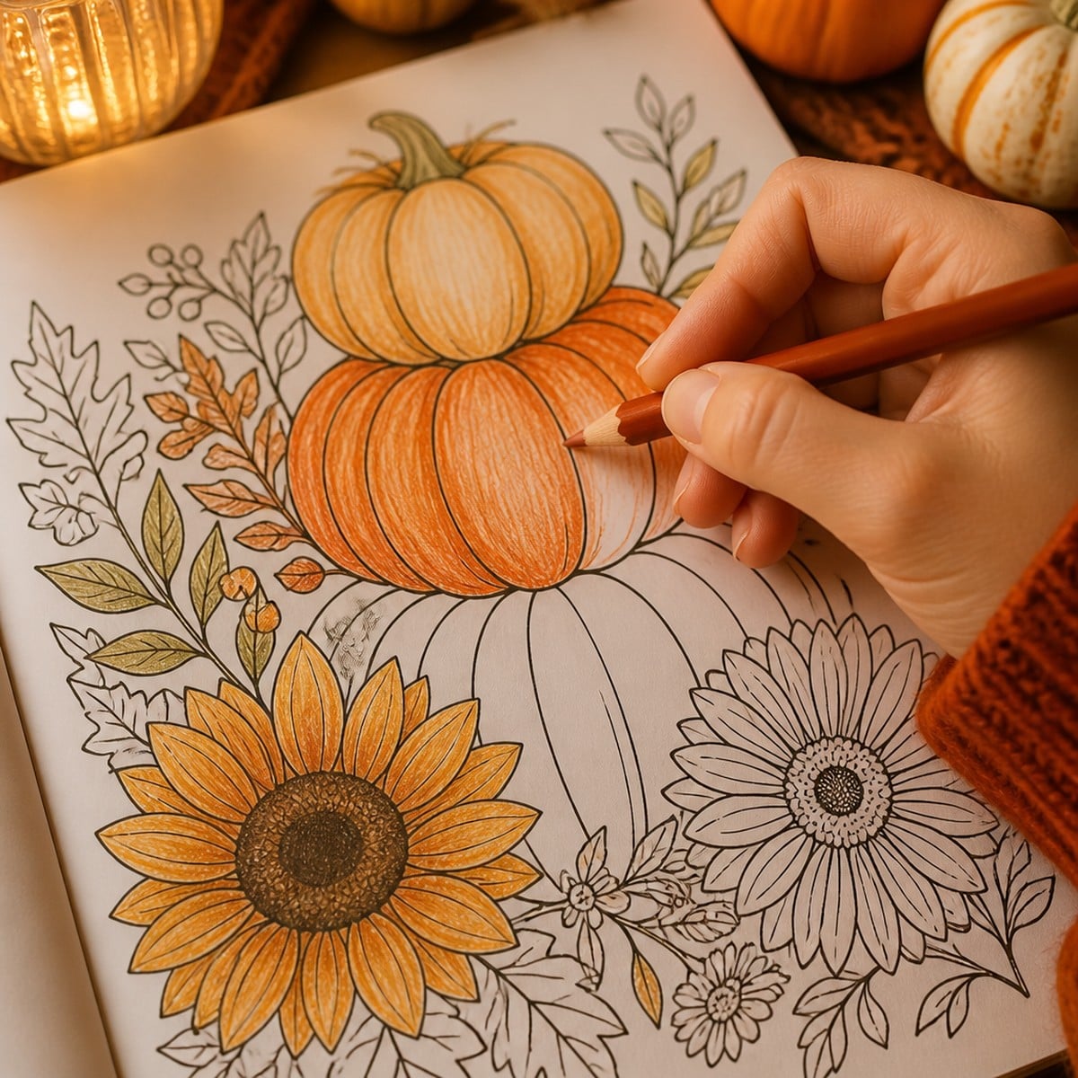 Close-up of a partially coloured pumpkin coloring page with a burnt-orange pencil mid-stroke