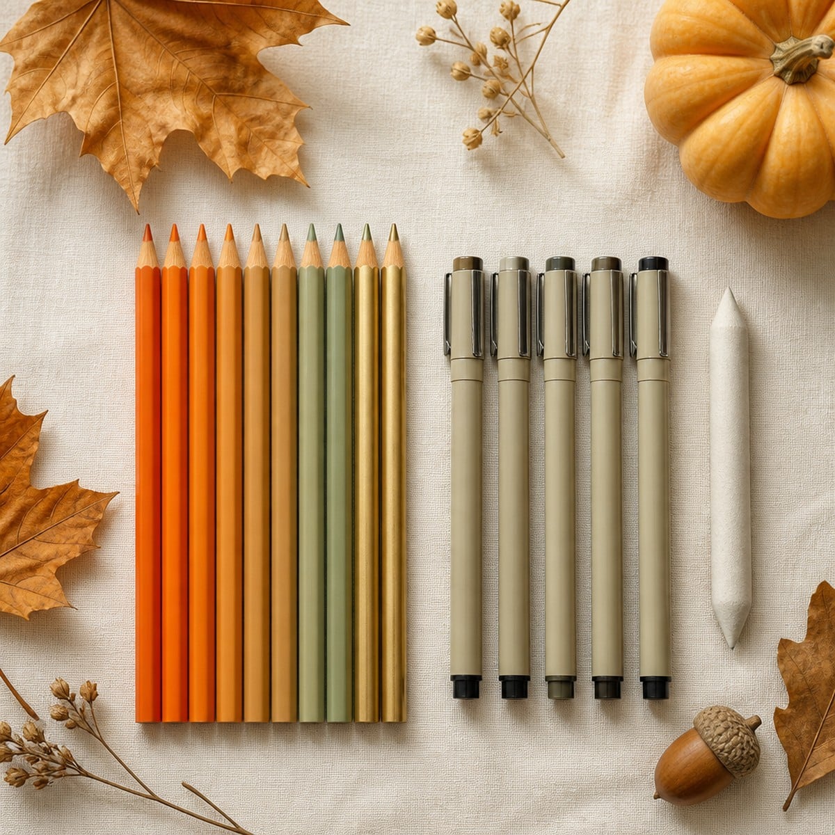Flat-lay of colouring pencils, fineliner pens and a blending stump on a cream linen surface