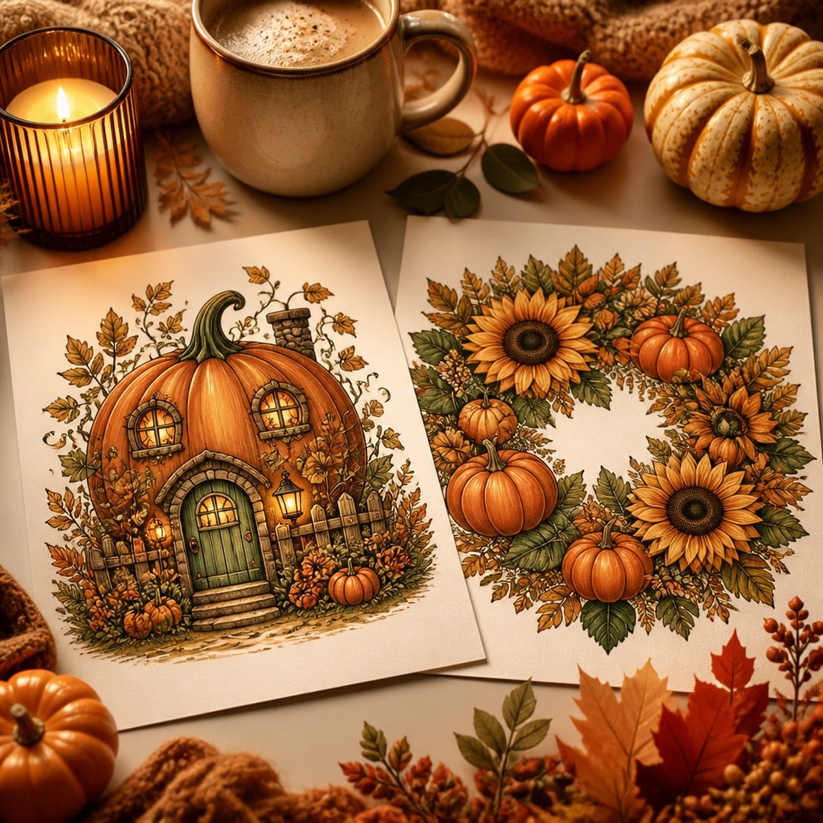Two finished coloured pumpkin pages laid on a cream desk with a candle and autumn foliage