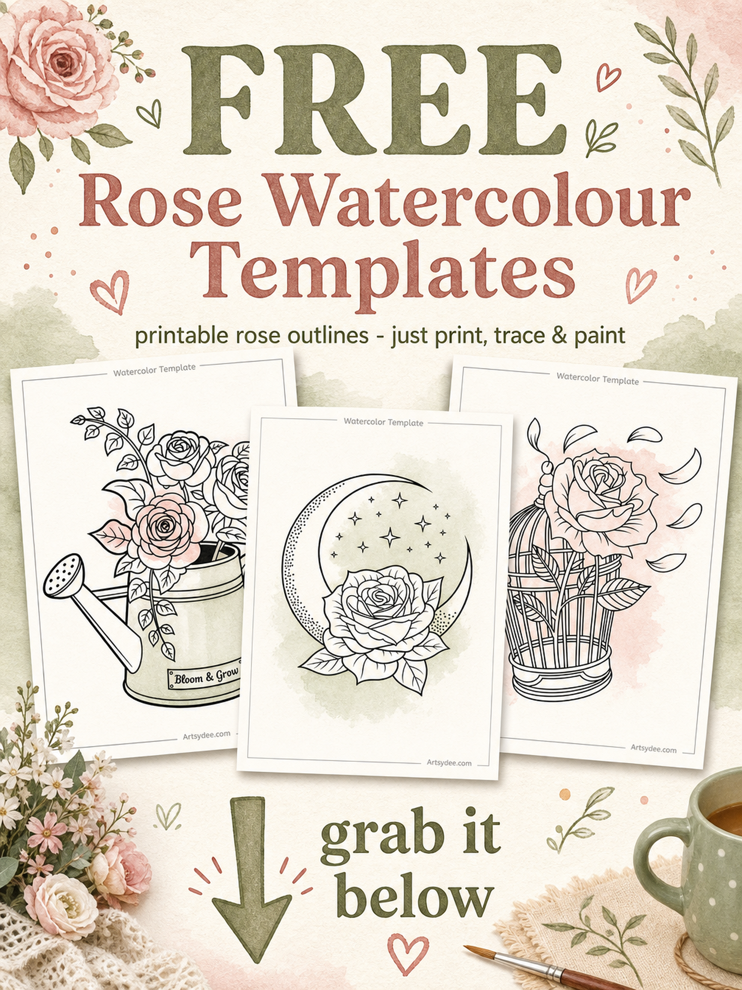 Free Rose Watercolour Templates sample - printable rose outline pages