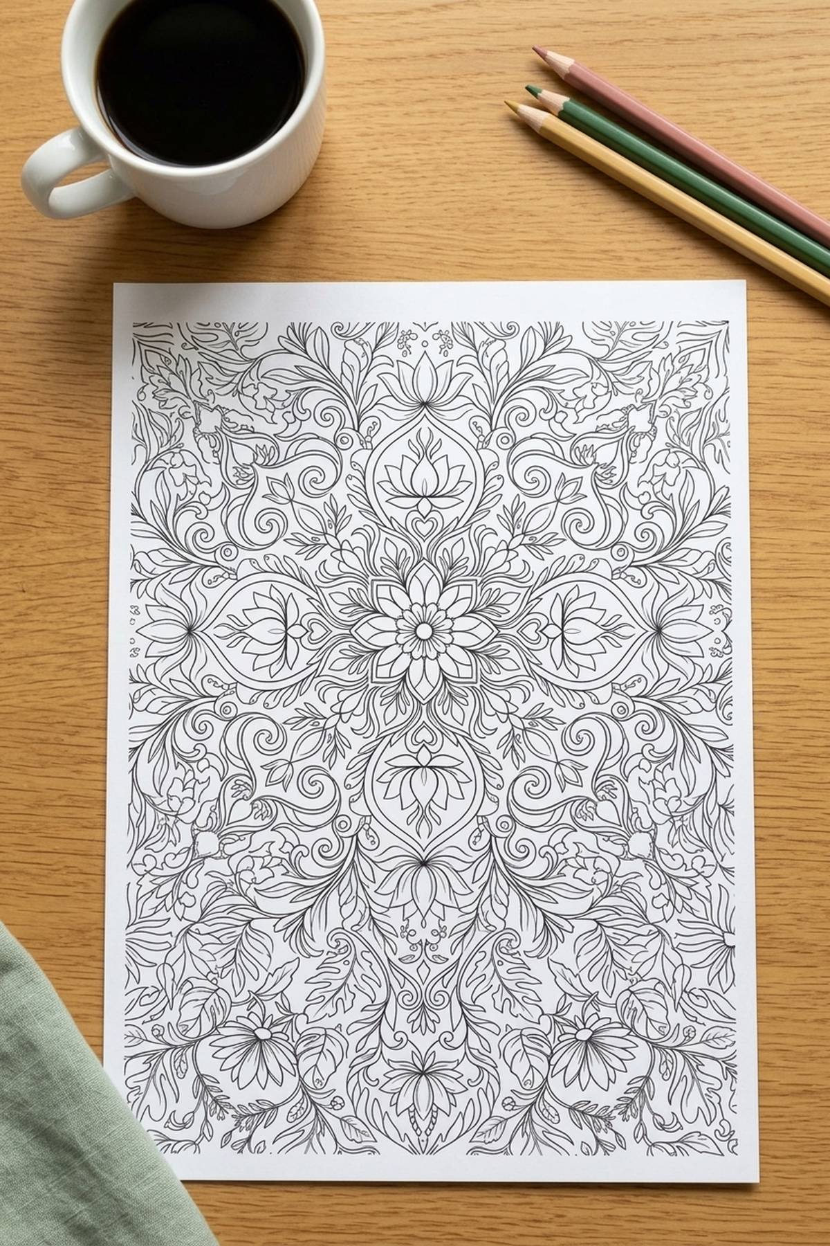 Printed self-care coloring page for adults on a wooden desk with coffee and coloured pencils - relaxing mindful colouring