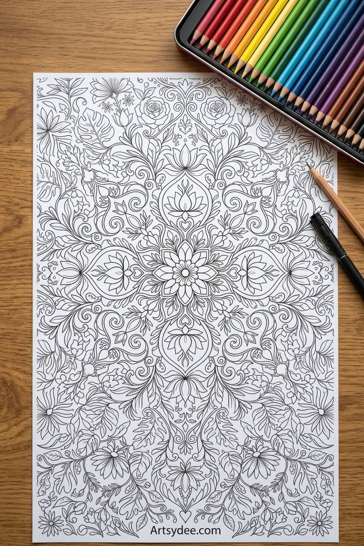 Best supplies for adult coloring - tin of rainbow coloured pencils and pen around a printed self-care coloring page