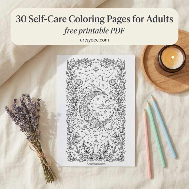 30 self-care coloring pages for adults - free printable PDF - printed celestial moon coloring page on cream linen with lavender, candle and pastel pencils