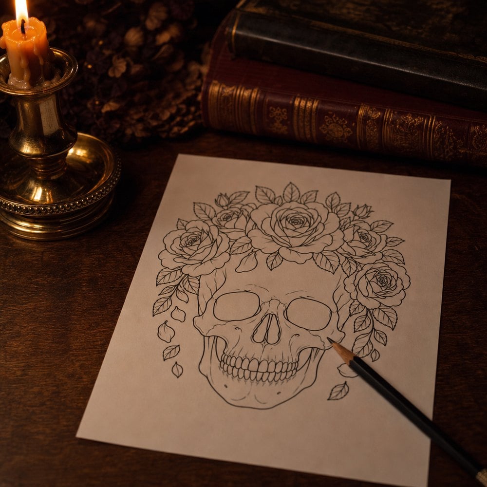 Printable skull and roses coloring page on a dark desk by candlelight