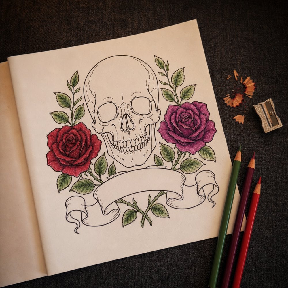 A skull and roses coloring page part-way through being coloured in deep reds