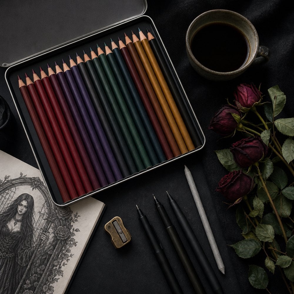 Coloured pencils in deep jewel tones laid out for gothic adult colouring