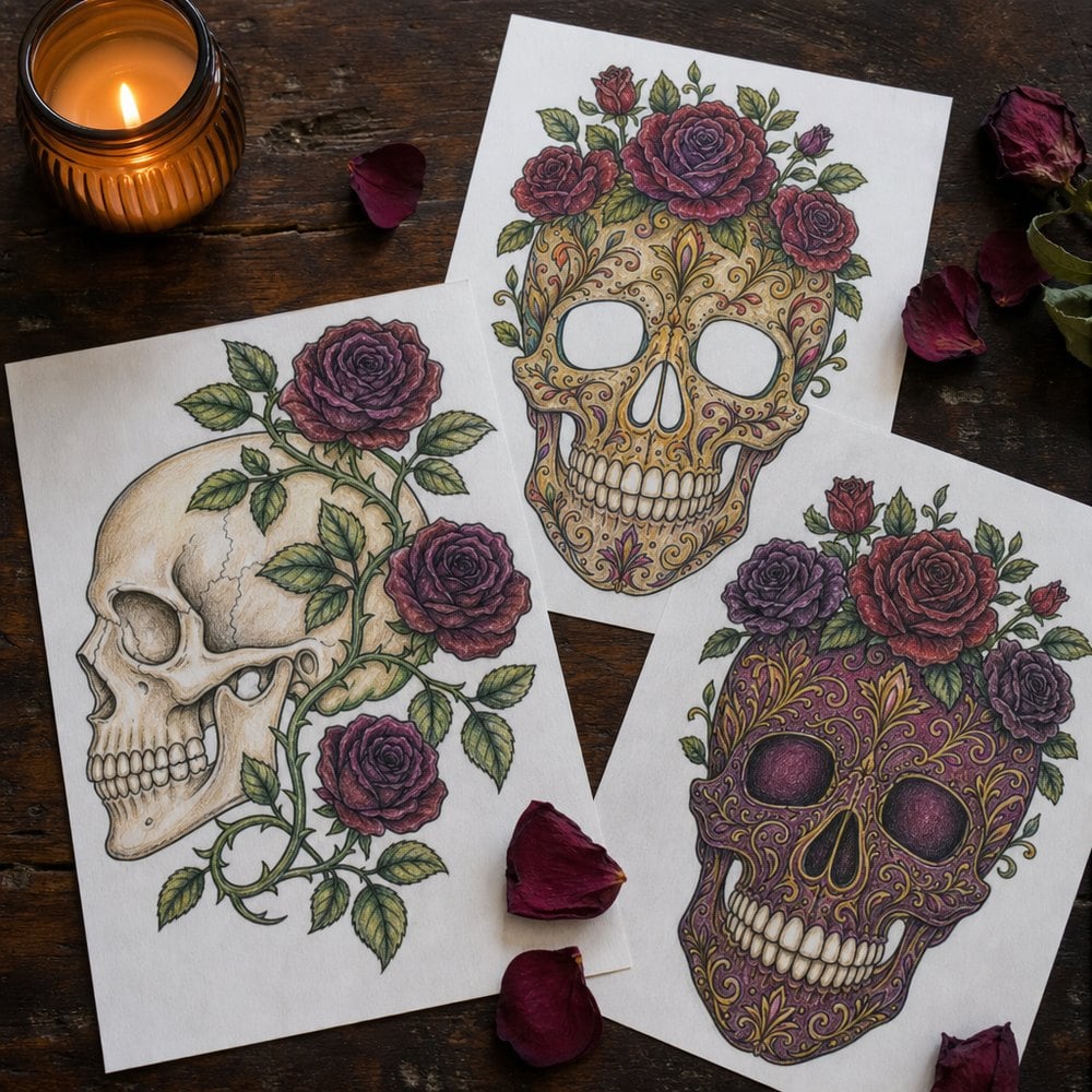 Three finished skull and roses coloring pages coloured in plum, oxblood and gold
