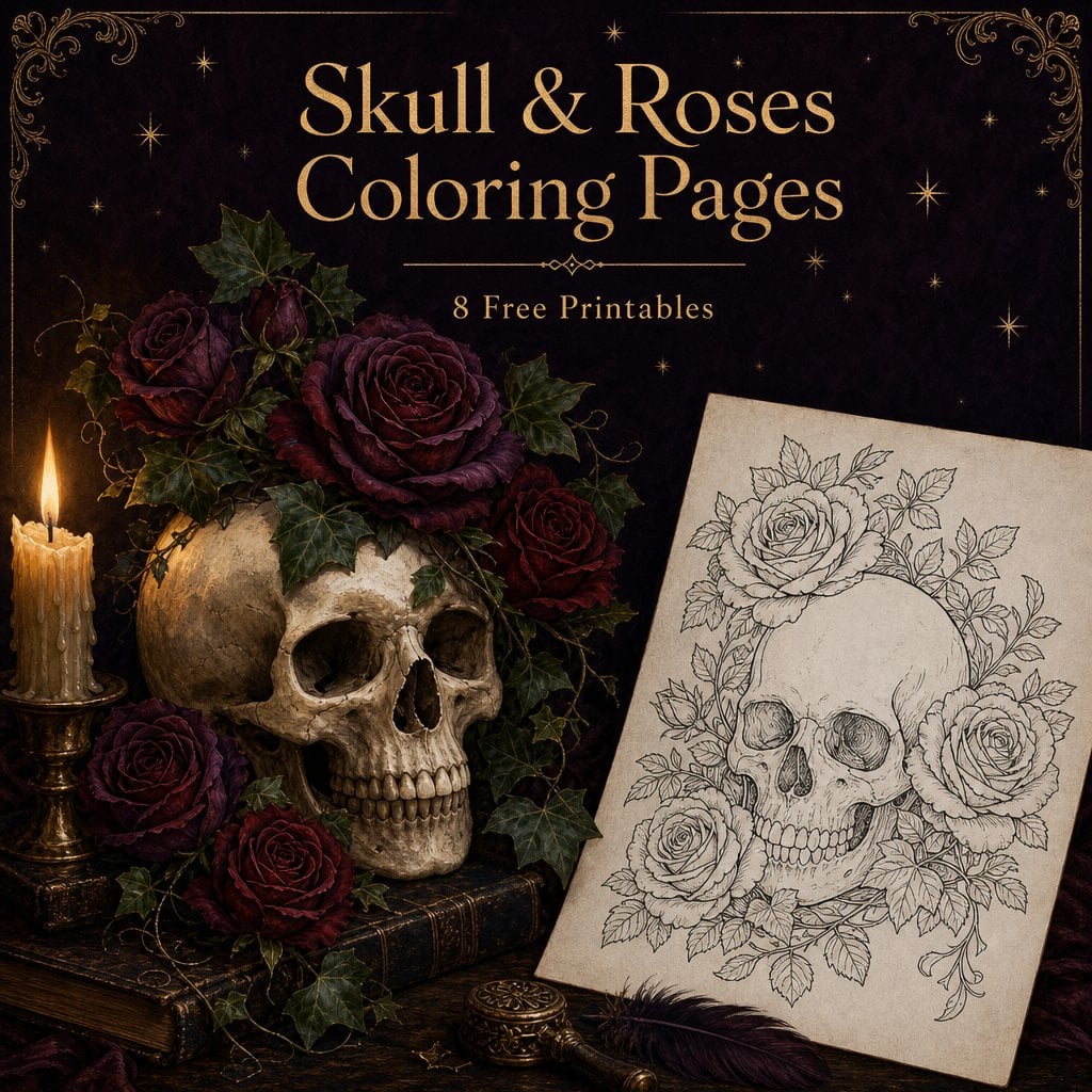 Skull and roses coloring pages — free printable dark academia set