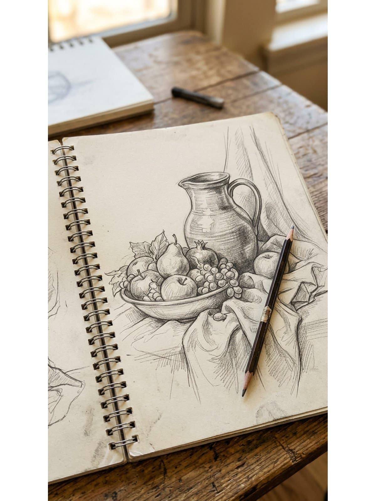 Still life drawing setup for beginners showing a jug and fruit bowl pencil sketch