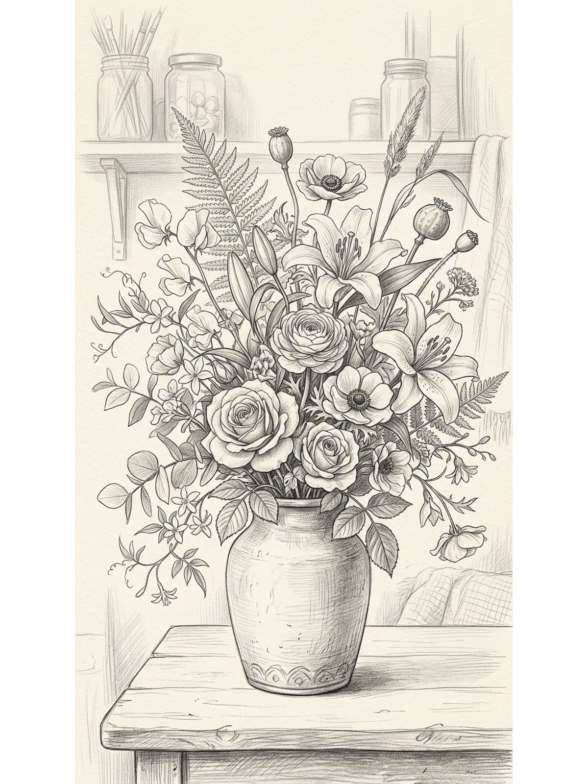 Easy still life drawing ideas including flowers in a vase, fruit and everyday objects